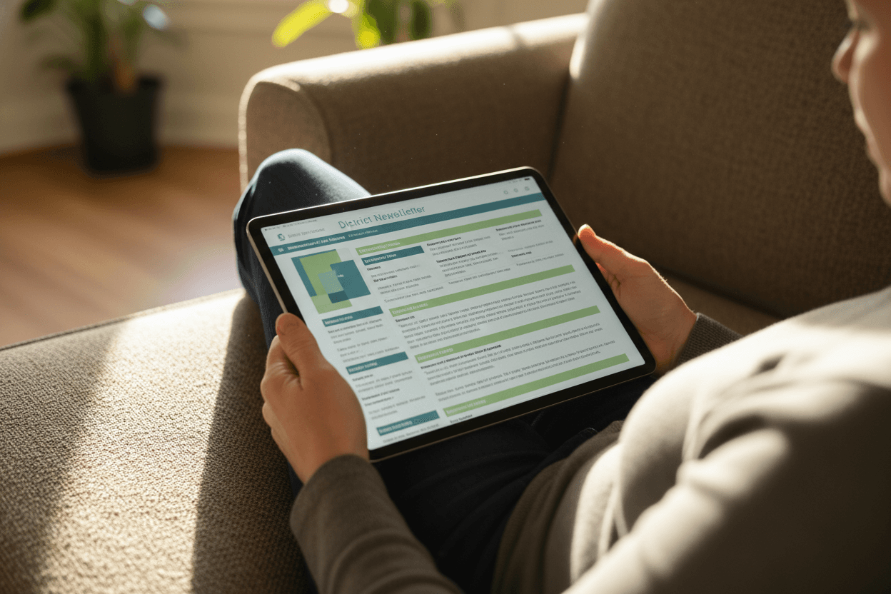 Parent reading a Wisconsin Forward Exam results newsletter on a smartphone at a kitchen table