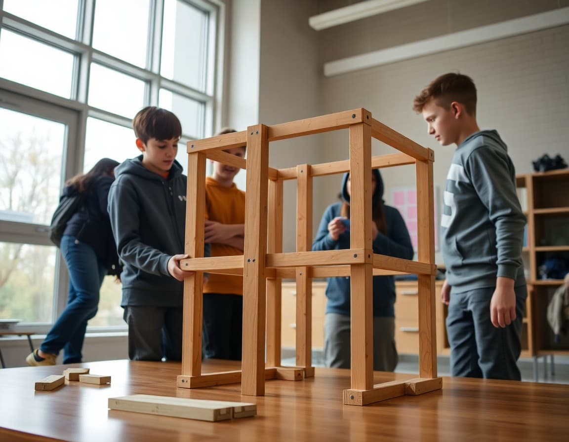 Student engineering team testing a load-bearing structure they built at school club