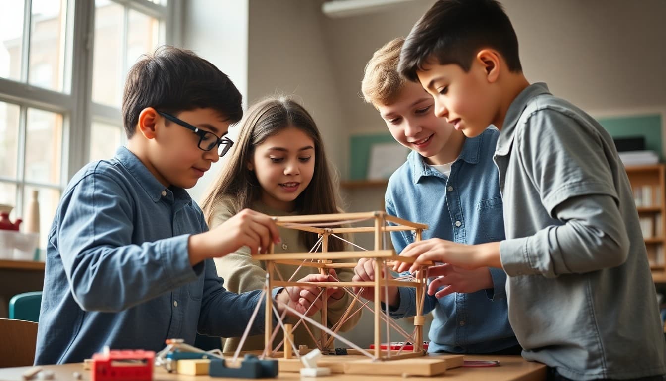 Engineering club students at building challenge with materials constructing a structure
