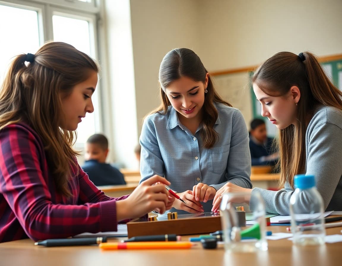 Young women working on engineering project at school STEM workshop together