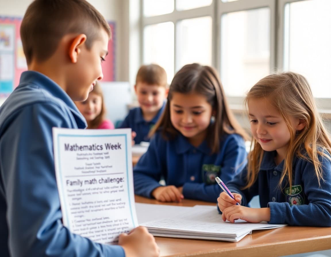 National Mathematics Week school newsletter with math activity preview and family math challenge ideas