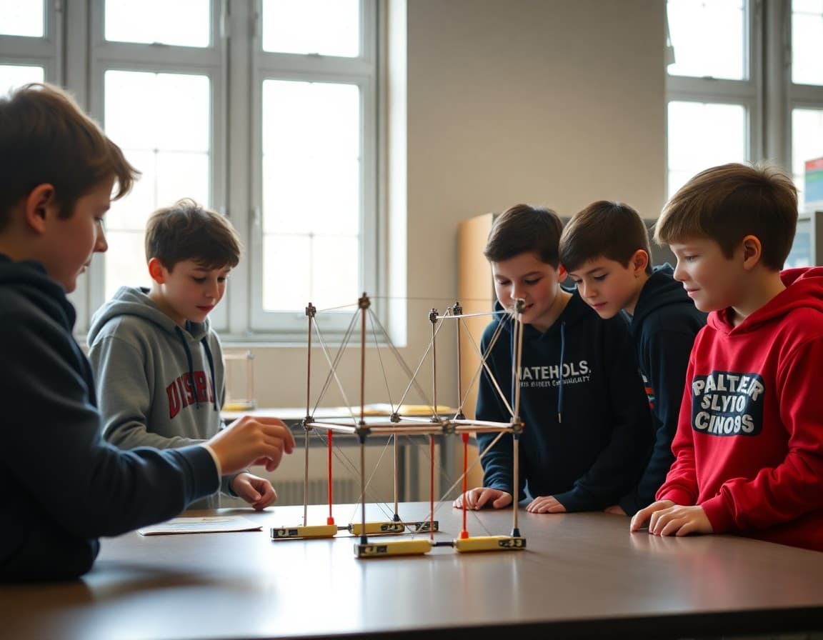 Science Olympiad students testing a bridge-building device for competition at school