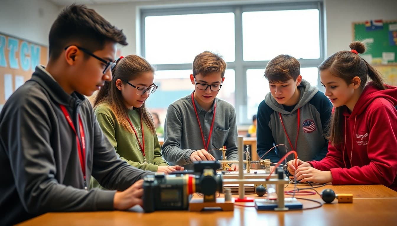Science Olympiad team practicing engineering events at school with coach supervising