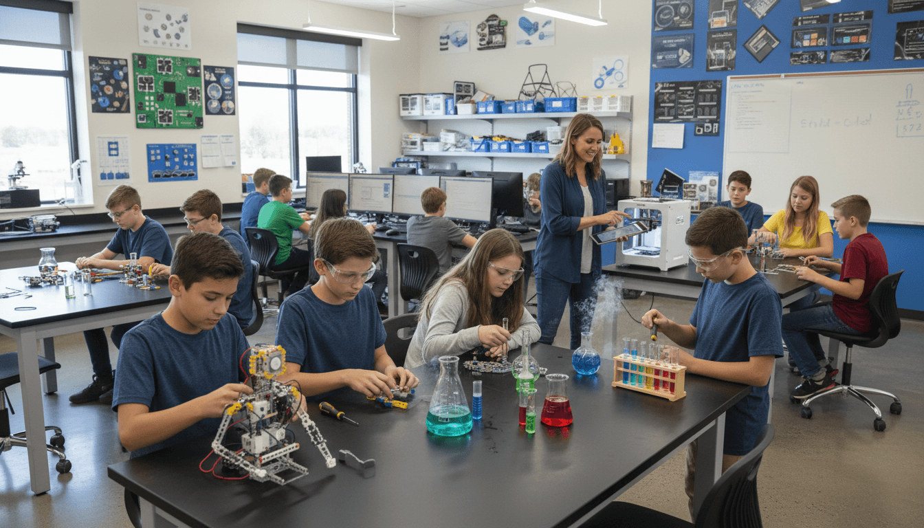 Families exploring hands-on STEM stations in a school gymnasium during a STEM Night event