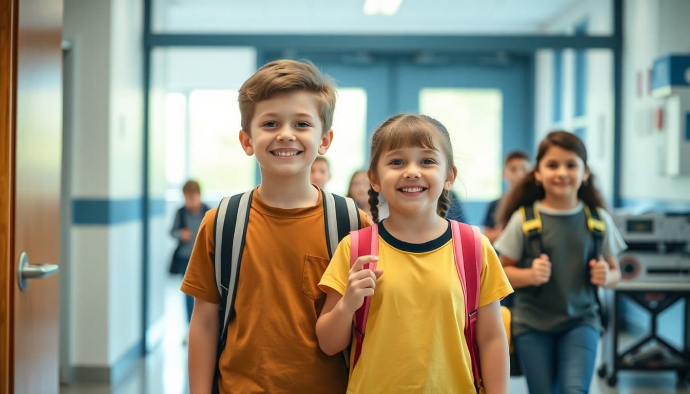 STEM school students arriving excited on the first day of school with robotics materials visible