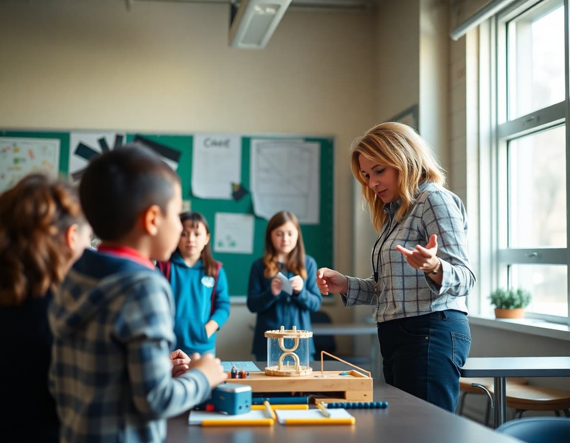 Teacher demonstrating engineering project to families at a STEM school open house event
