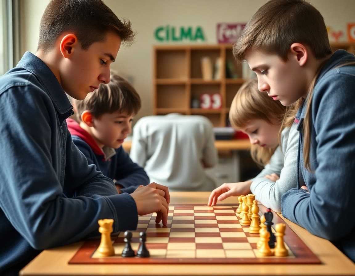 School chess team members reviewing chess positions at practice with tournament board
