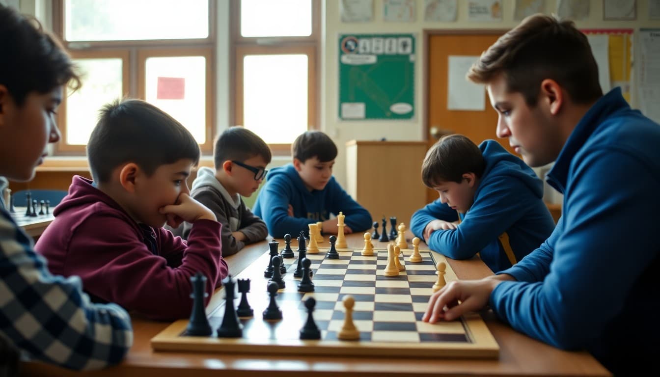 Chess club students competing at a school chess tournament with coach observing