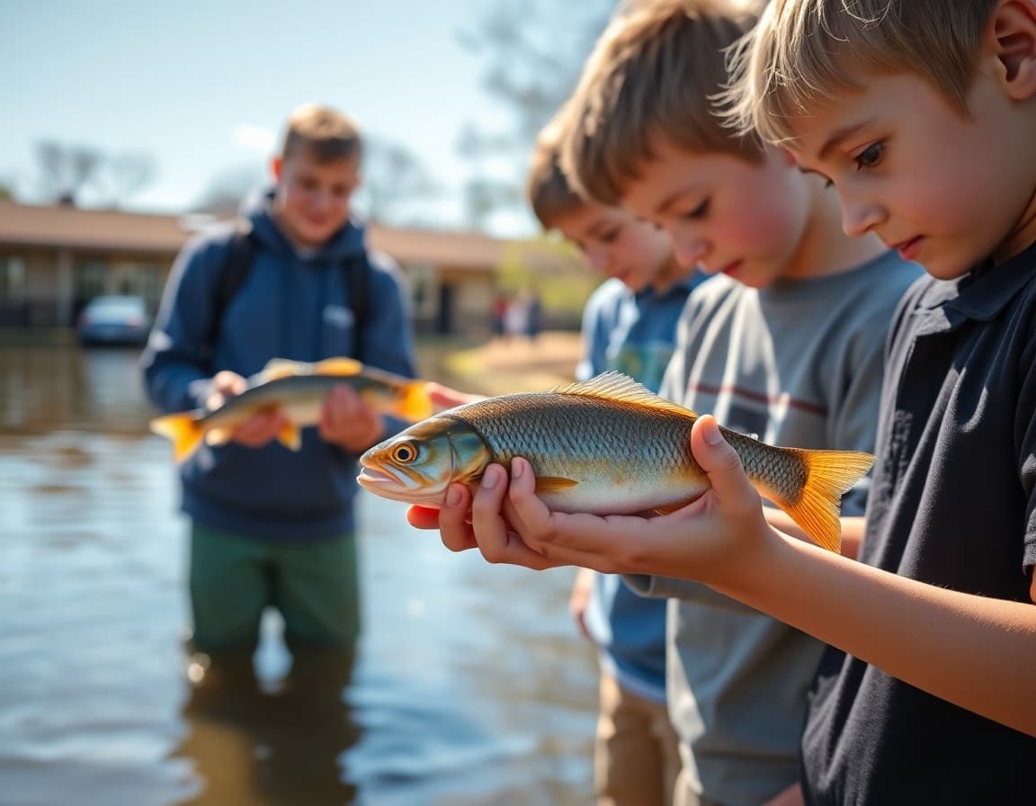 Fishing club members holding catch-and-release fish at school pond on sunny morning