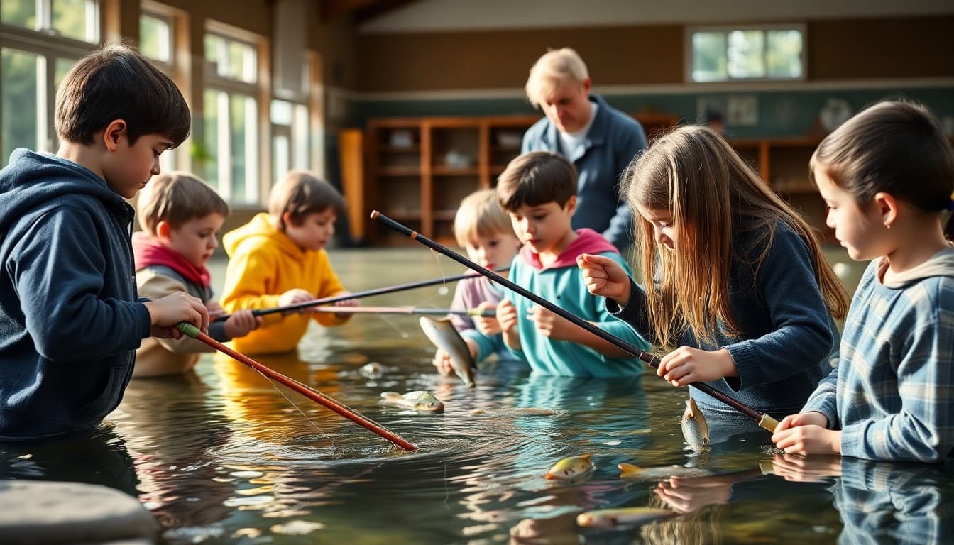 School fishing club students at pond with rods catching fish with teacher supervising