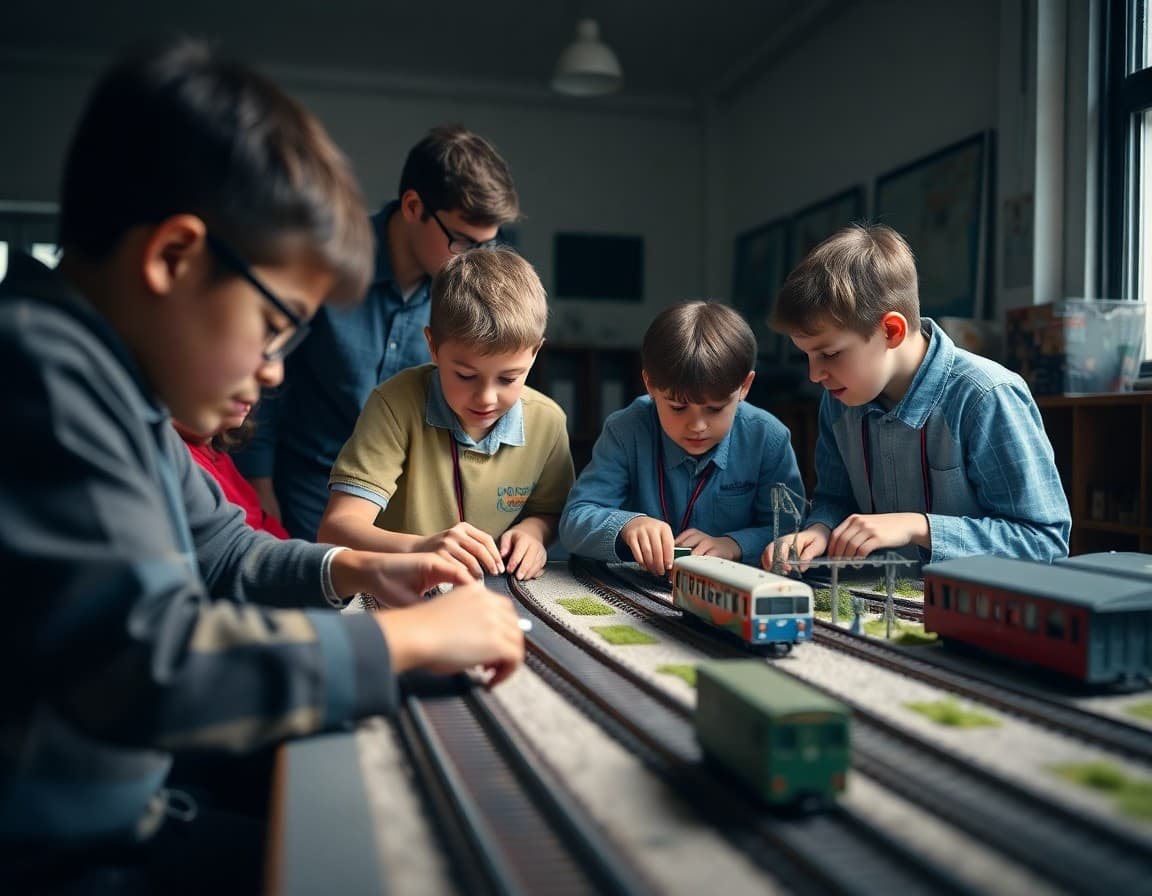 Model railroad club students adding details to a school layout project with coach supervising