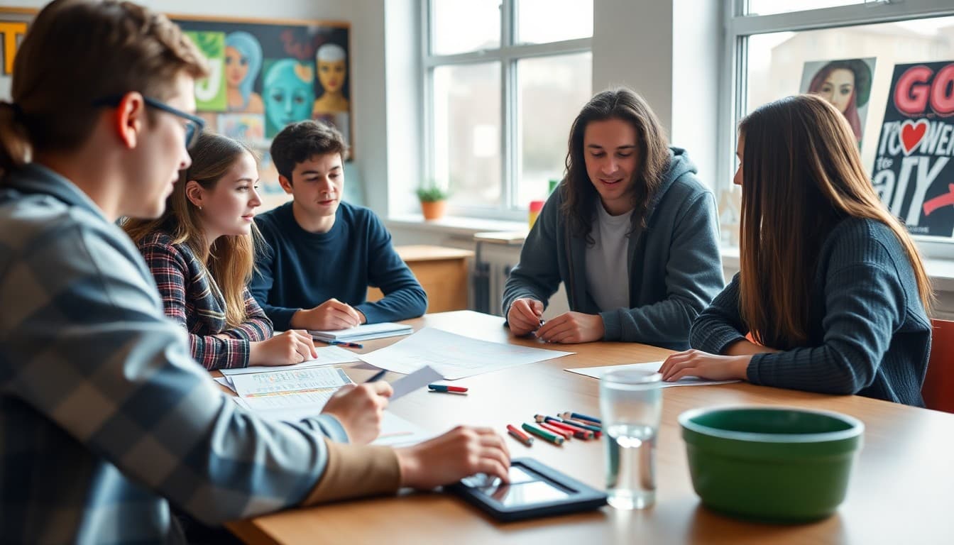 Student arts council members planning a school art showcase event in a creative meeting space