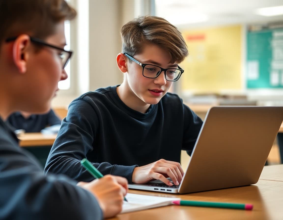 Student editor reviewing blog post drafts on a laptop with writing feedback notes