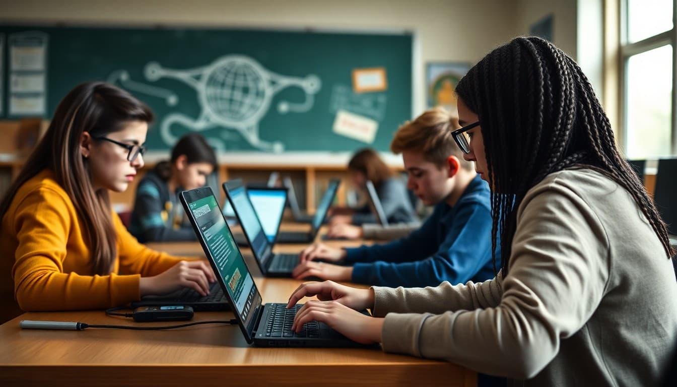 Students writing for a school blog on laptops in a computer lab during journalism class
