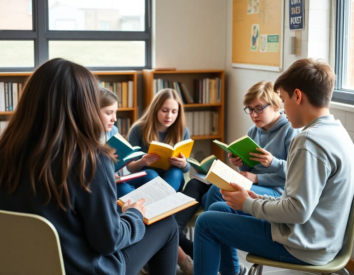 Group of students sitting in a circle sharing book reviews and literary opinions together