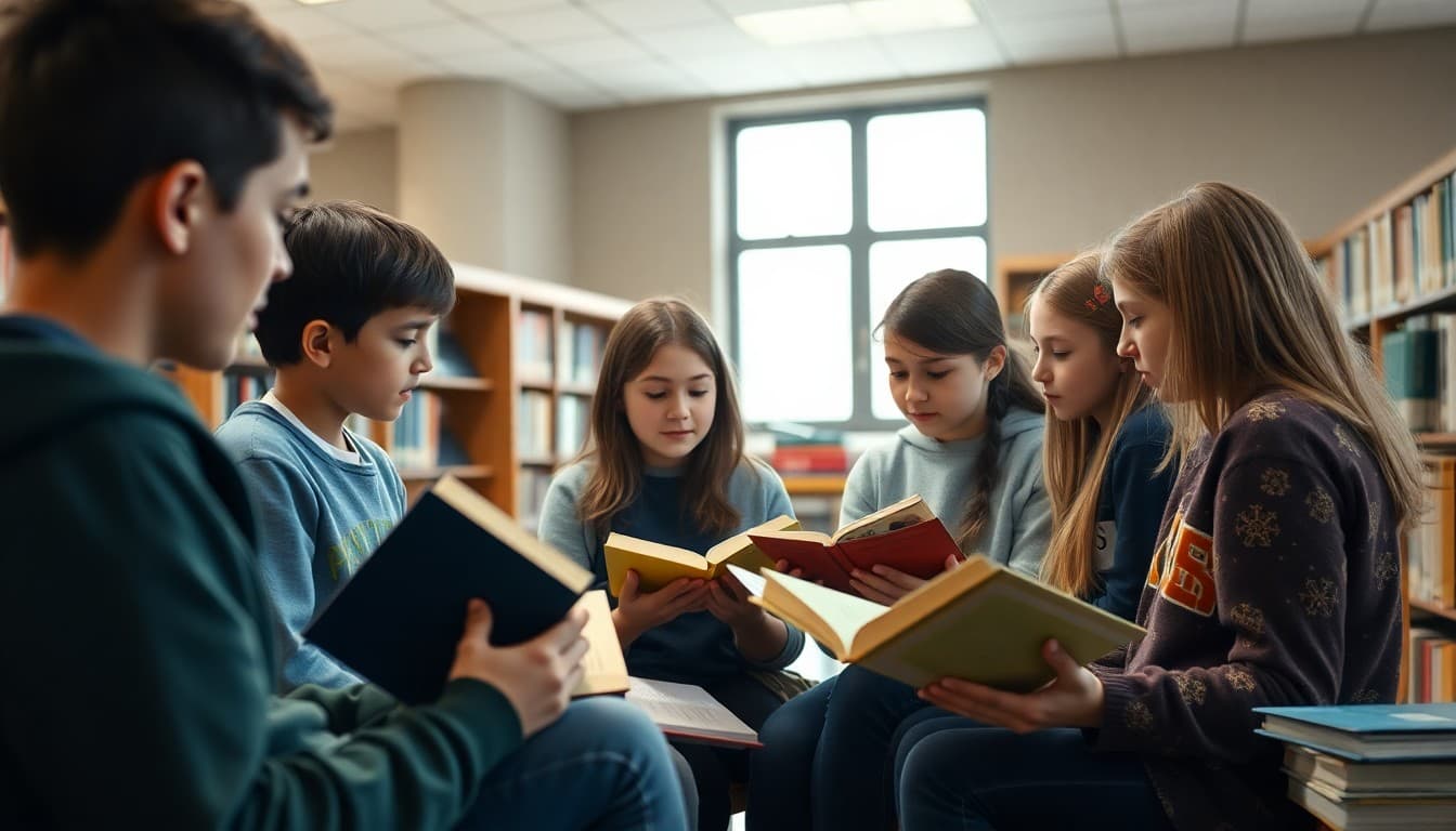 Student book club members discussing their current reading selection in a school library
