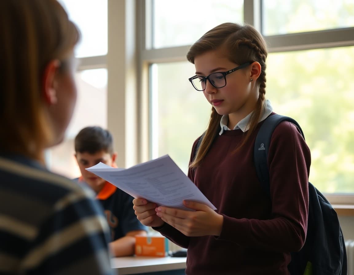 Student news anchor reviewing a script before going live for the school morning broadcast