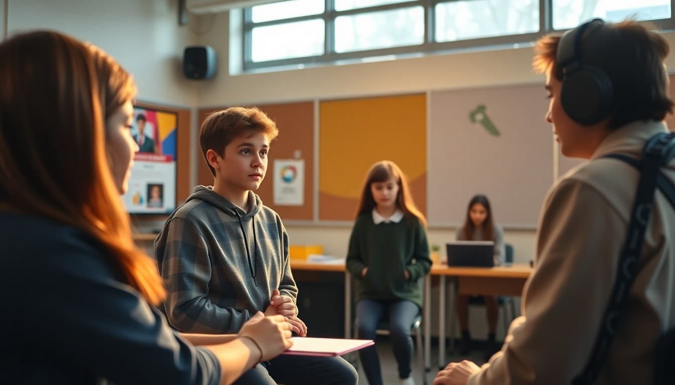 Students reporting school news in a morning announcement broadcast from the school studio