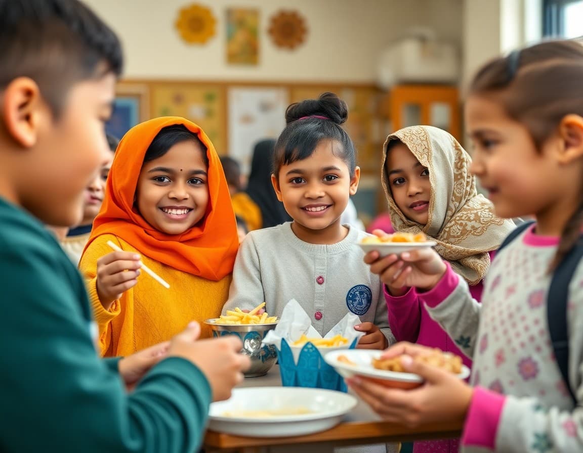 Students from various cultural backgrounds sharing traditional foods at a school cultural fair
