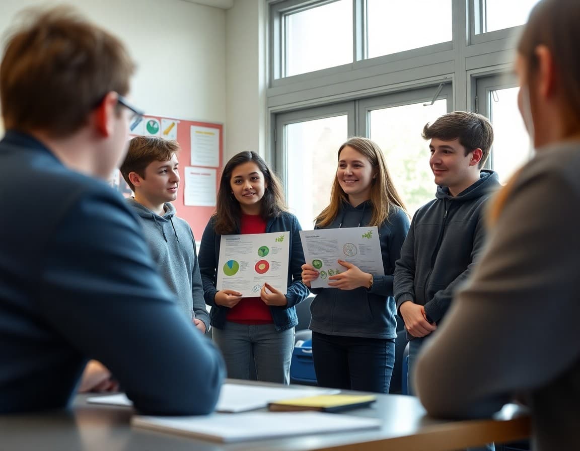Environmental club students presenting sustainability project results to school administrators