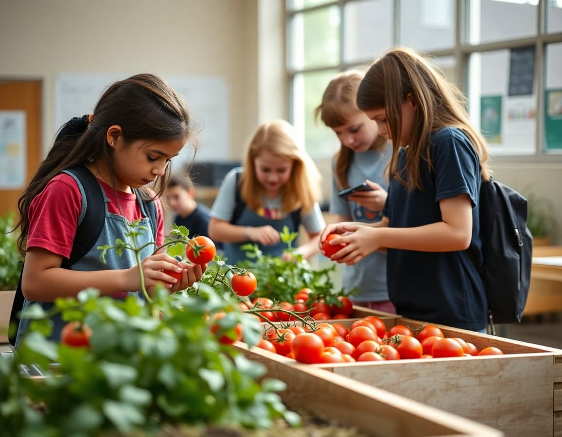 Middle school students harvesting tomatoes and herbs from raised garden beds at school