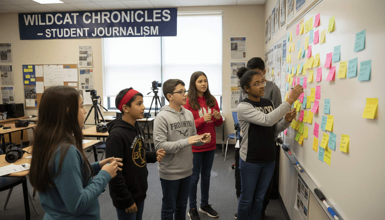 Student journalists reviewing school budget documents at a library table