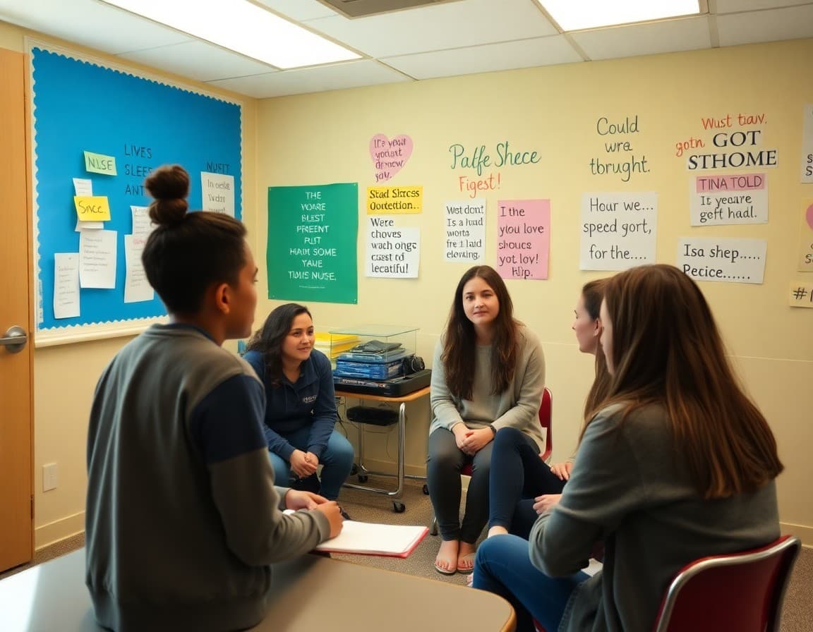 Students and a faculty advisor meeting in a safe space room decorated with supportive affirmations