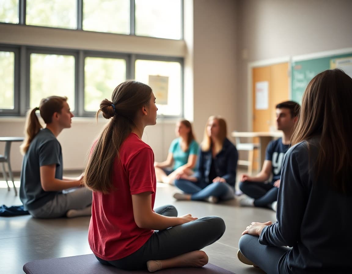 High school students sitting in a quiet circle during a guided breathing exercise at school