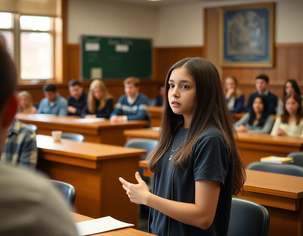 High school student presenting an opening statement in a courtroom setting during mock trial