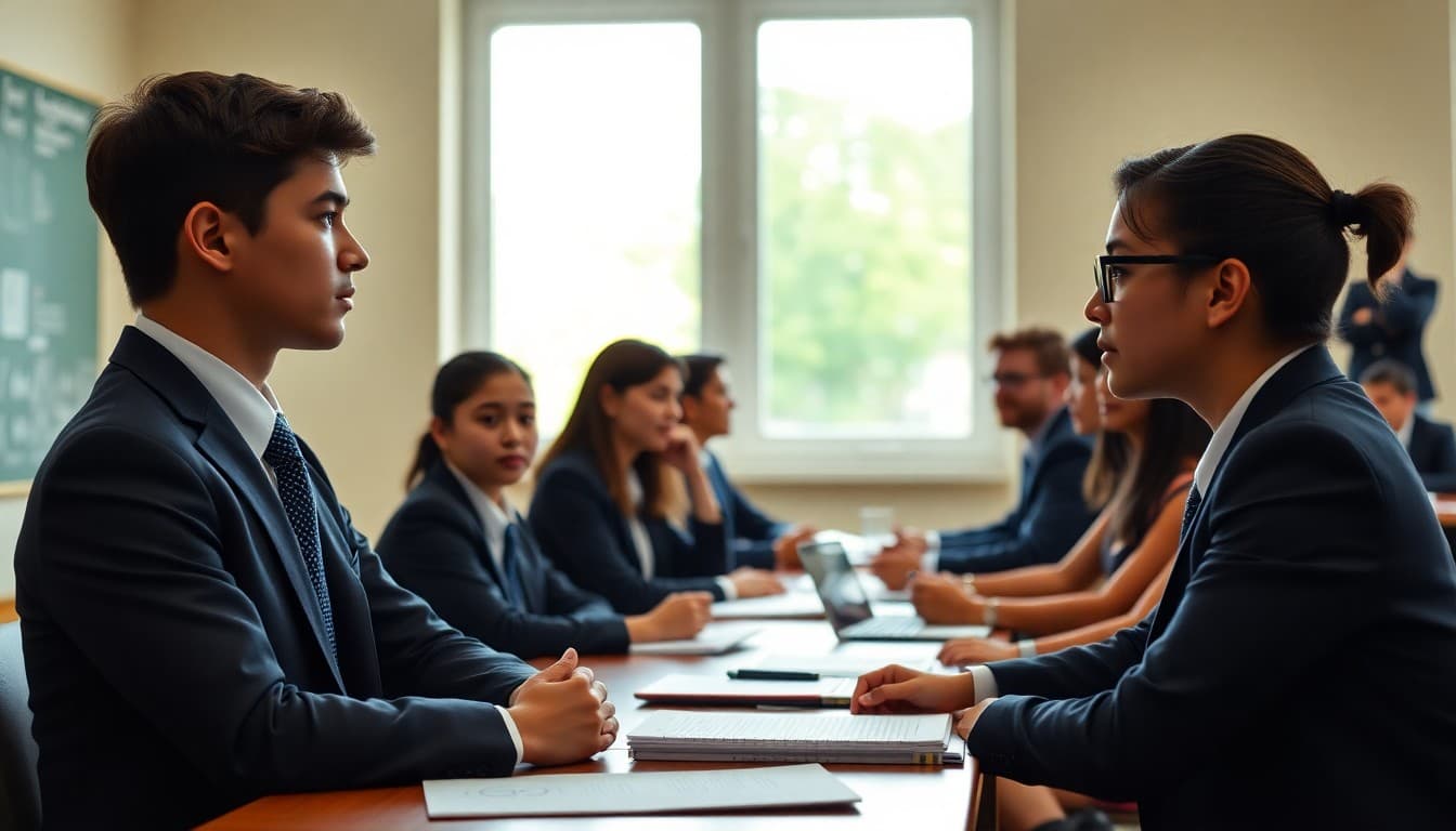 Student Model UN delegates in formal attire preparing for a conference debate session