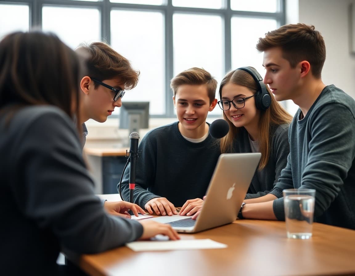 Student podcast team reviewing episode recording on a laptop in a school media lab