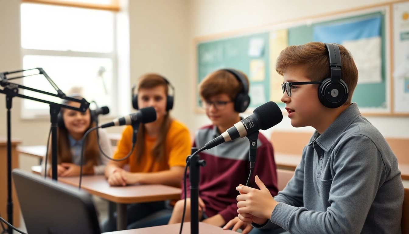Students recording a school podcast episode in a classroom studio with microphones and headphones