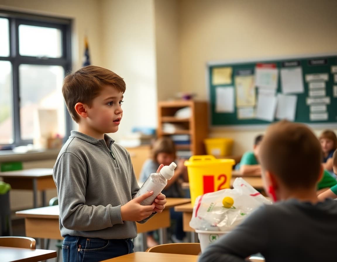 Middle school student leading a classroom lesson on proper recycling sorting and waste reduction