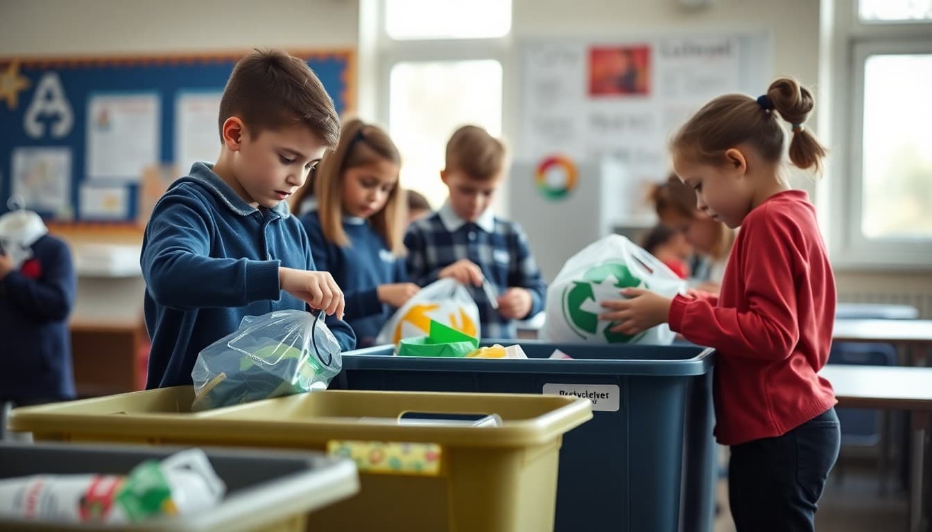 Students sorting recyclables into labeled bins as part of a school recycling awareness program