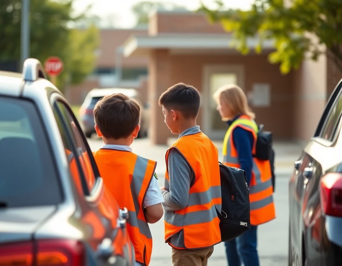 Elementary safety patrol students in orange vests directing traffic flow at school entrance