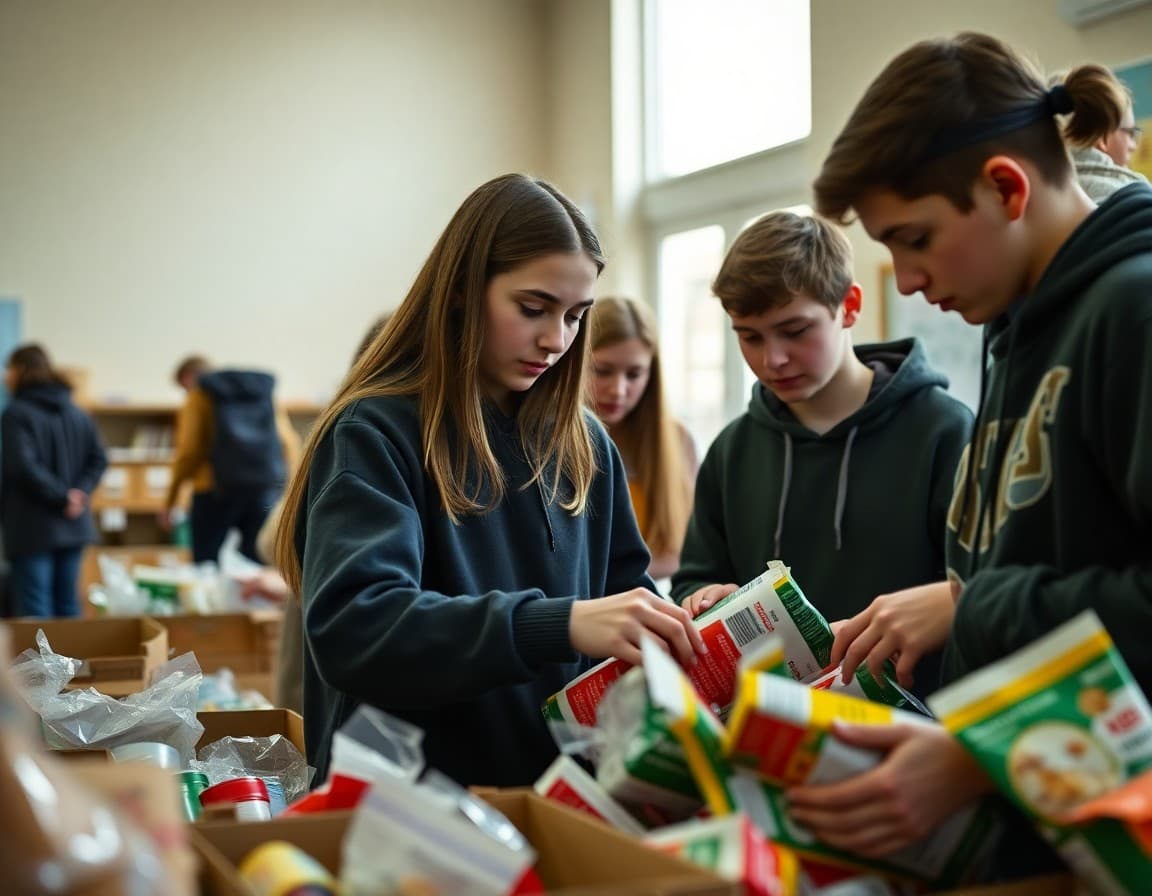 High school students sorting donated food items at a school-organized community food drive