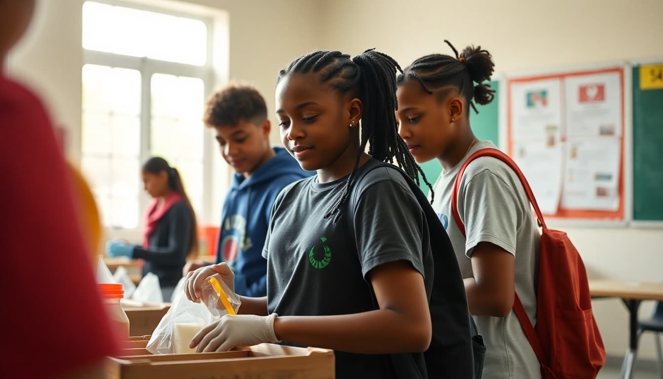 Student service club members volunteering together at a local community service project