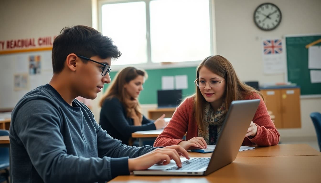 Student tech squad member helping a teacher troubleshoot a laptop in the classroom