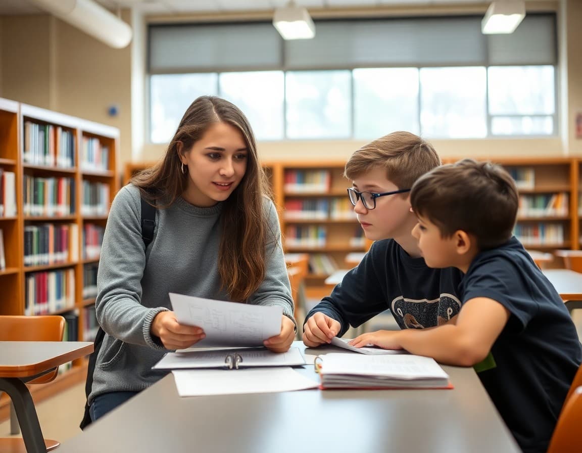 High school student explaining algebra concepts to a middle school student in a library setting