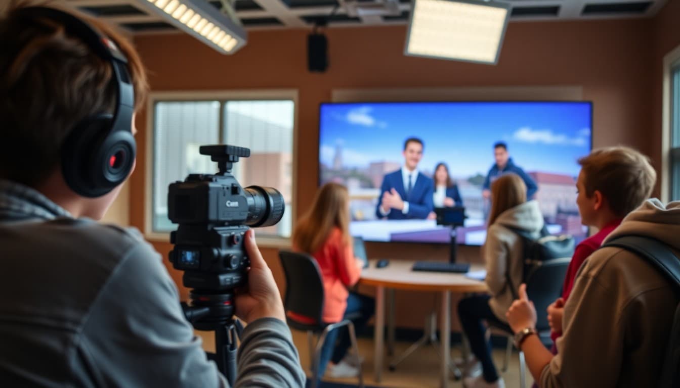 Students filming a school news broadcast in a student television production studio at school