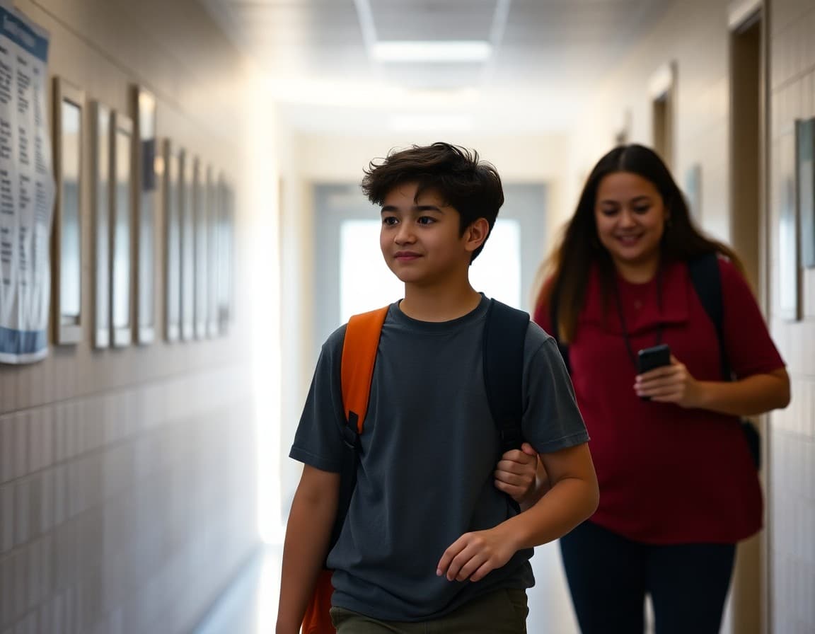 Peer mentor student walking a new classmate through school hallways on their first day