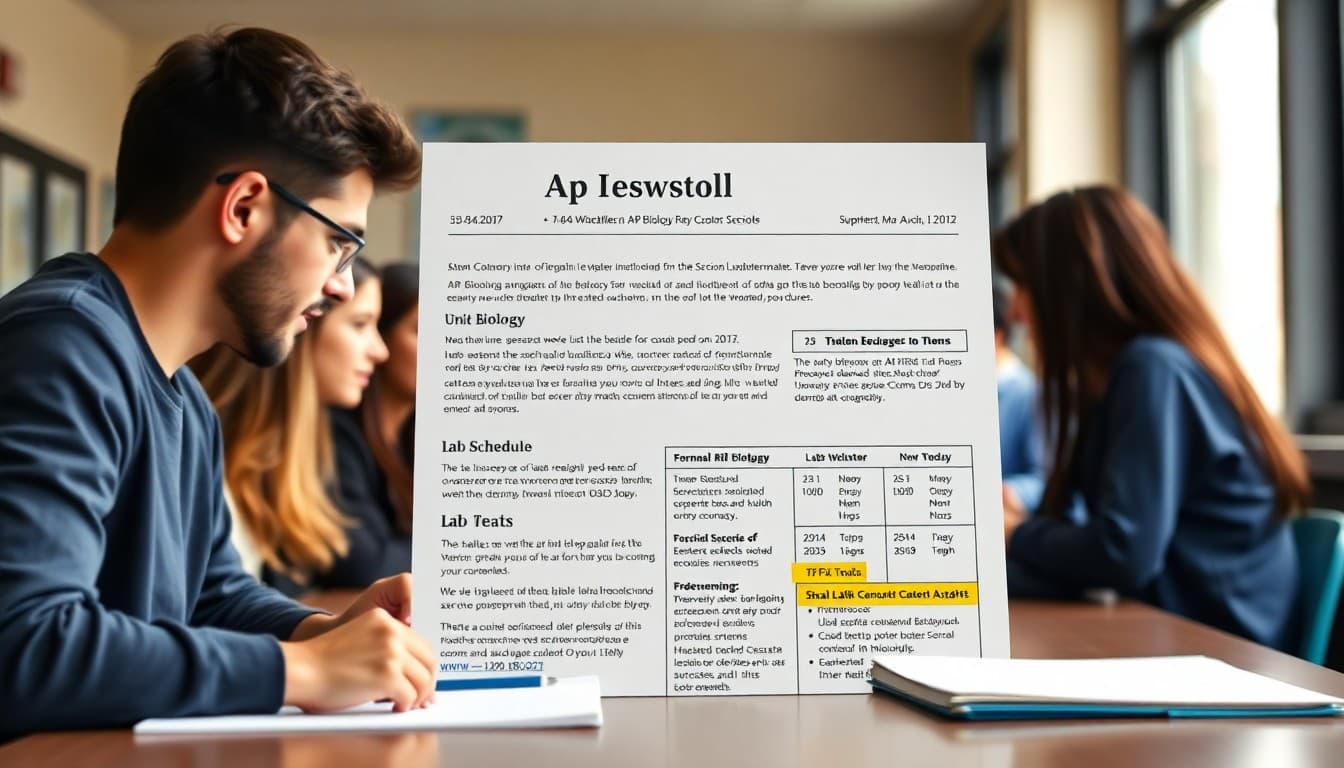 AP Biology newsletter example printout with unit overview and lab schedule highlighted
