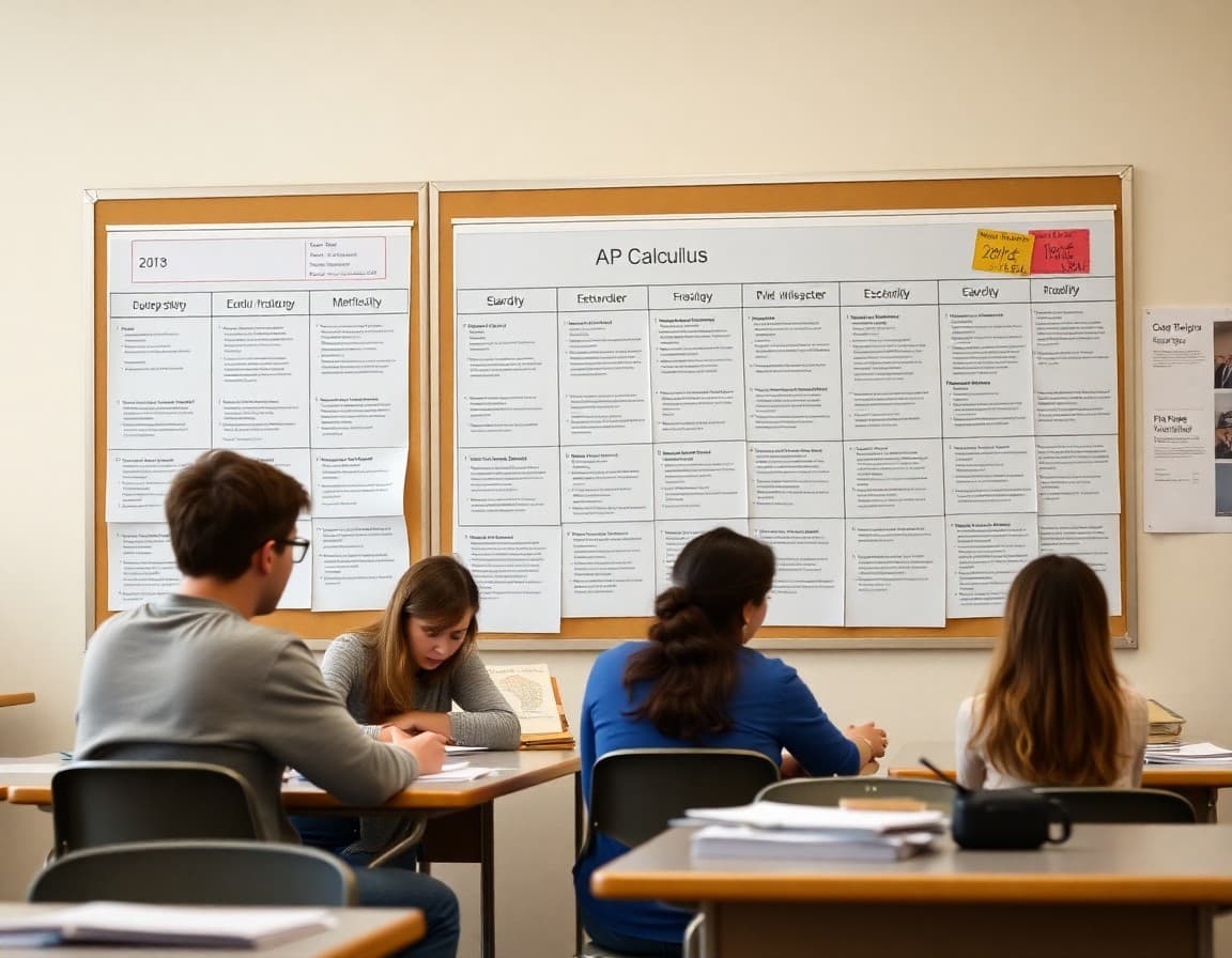 AP Calculus newsletter idea list organized by month on a planning board