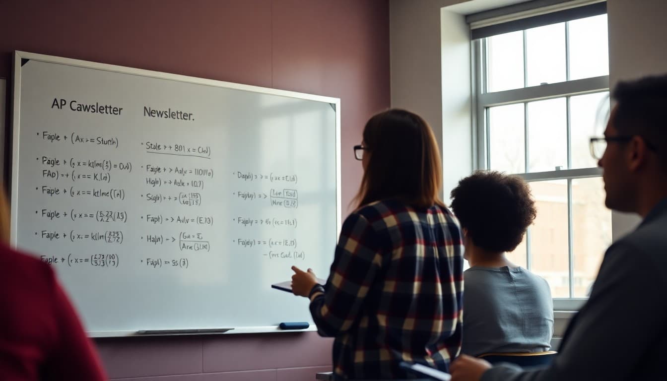AP Calculus teacher planning newsletter topics on a whiteboard with math examples