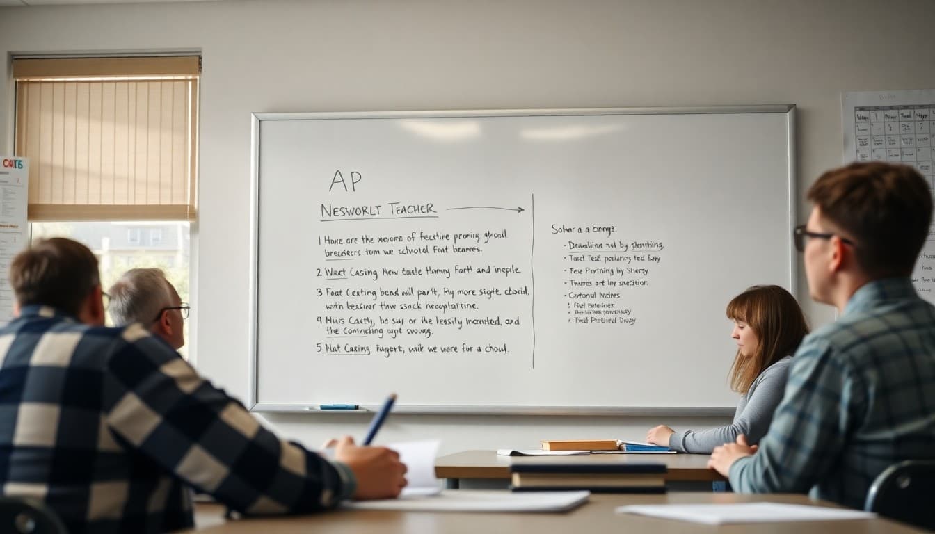 AP History teacher planning newsletter topics on a whiteboard with school calendar visible