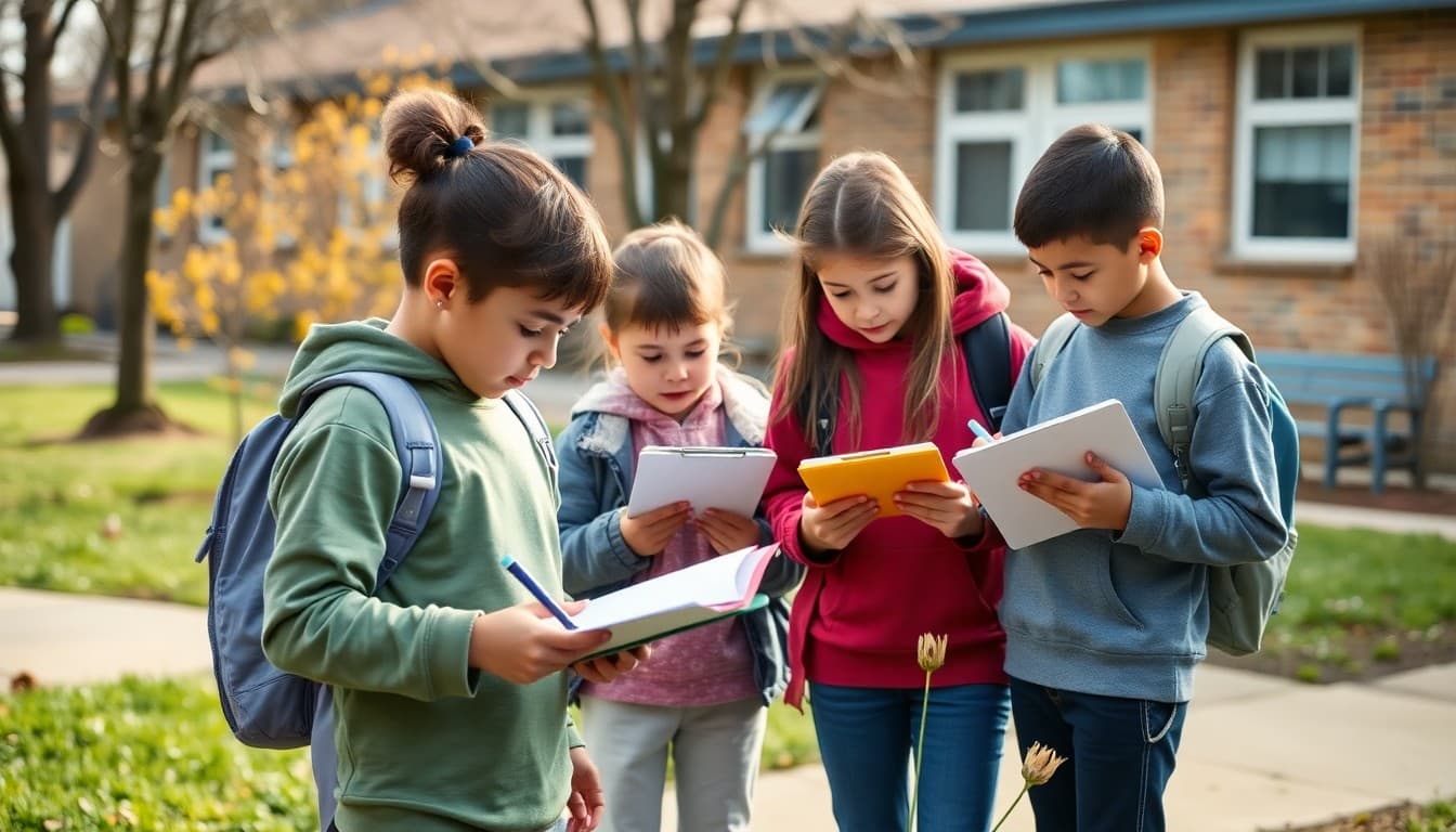 Students conducting an outdoor spring science investigation in April schoolyard with clipboards and tools
