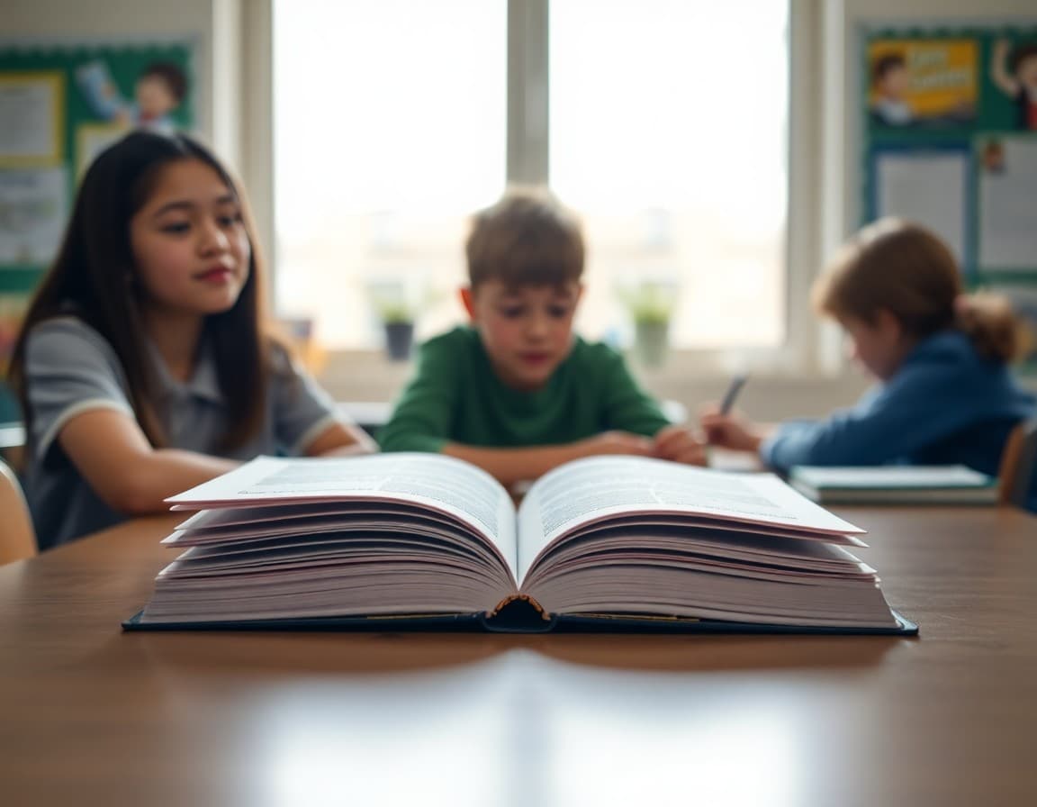Student poetry anthology and writing portfolio open on a spring classroom table