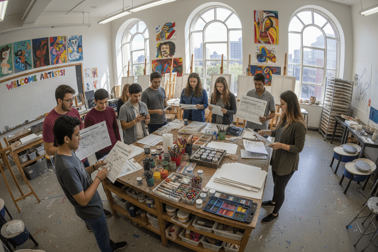 New art students receiving their first-day welcome newsletter while exploring the art studio materials and supply station