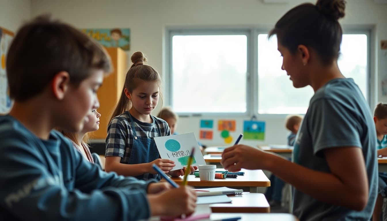 Art teacher giving individual guidance to student with modified project while classmates work independently on their own versions