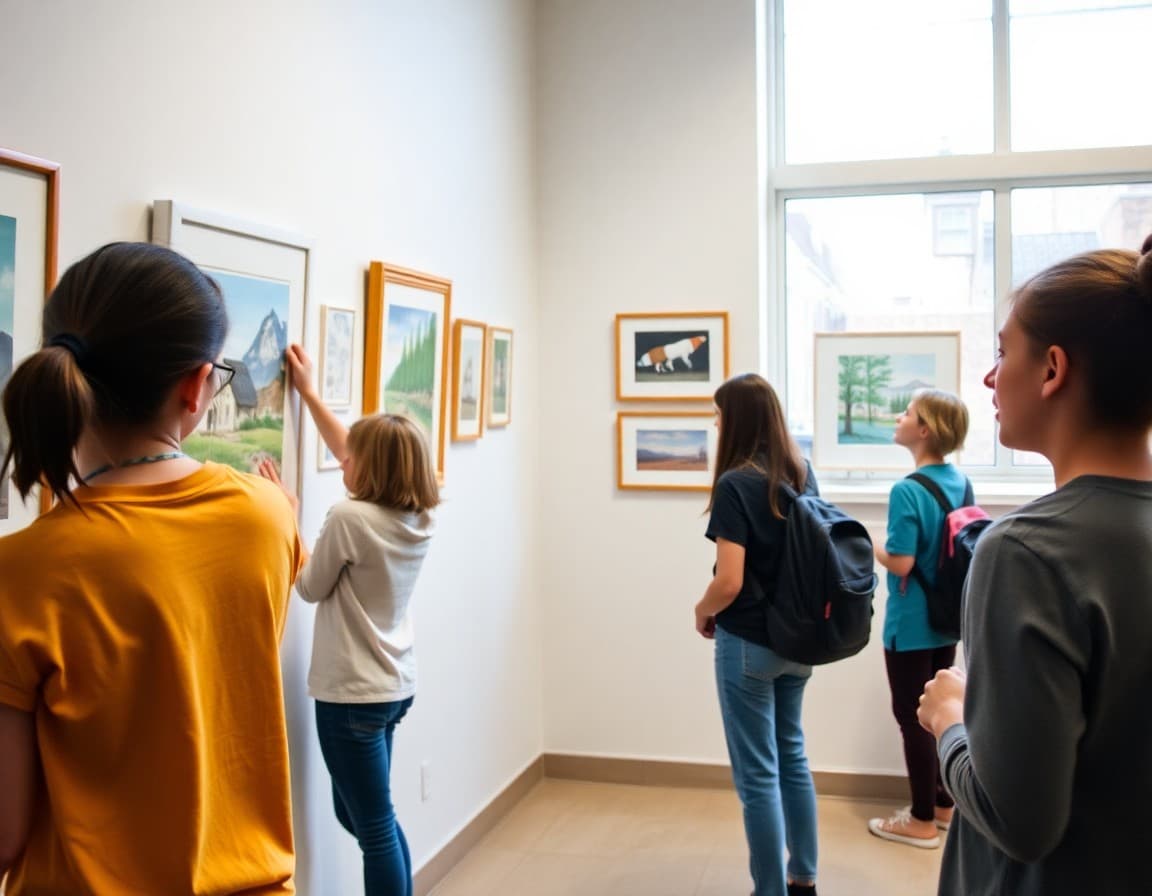 Art club students arranging framed artwork on gallery wall for end-of-year student exhibition event